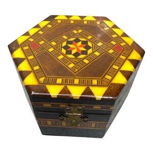 Egyptian Hexagon Wooden Jewelry Box Inlaid Mosaic Detailed Design & Brass Clasp